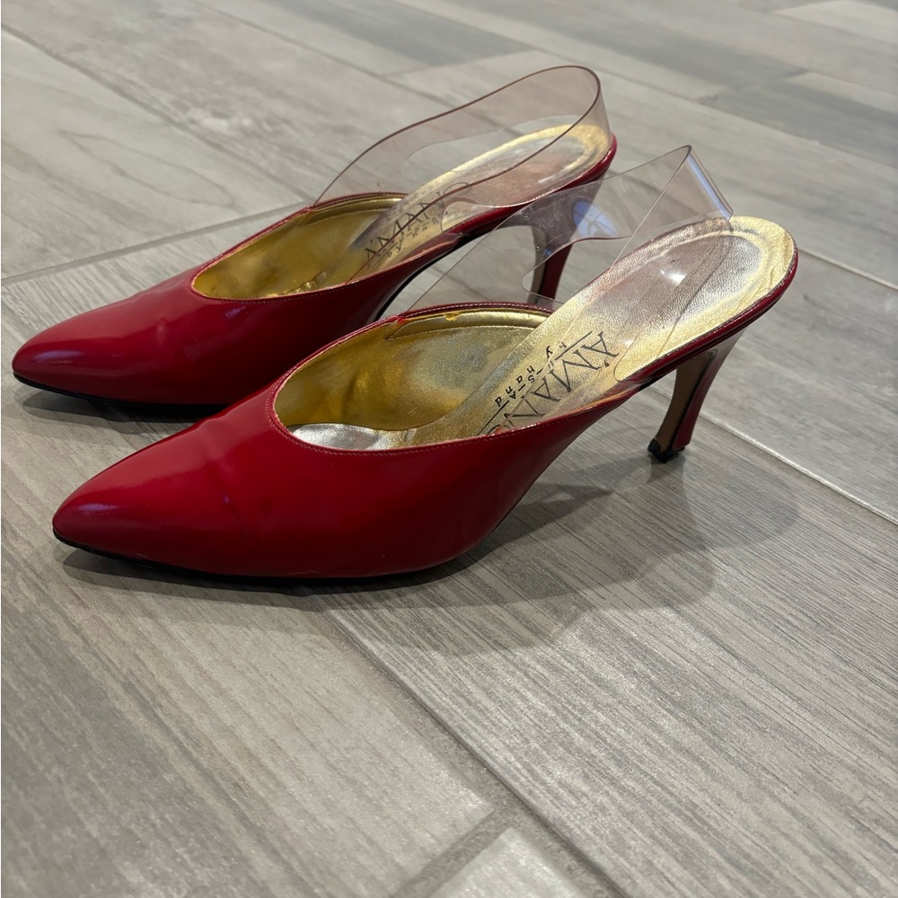 Vintage Y2K red pointed toe heels genuine leather with clear plastic slingback